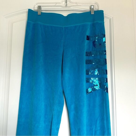 Y2K PINK VS Large Blue Velour Flare Blue Bling Track Sweatpants Plush 2000’s VTG - Picture 6 of 11